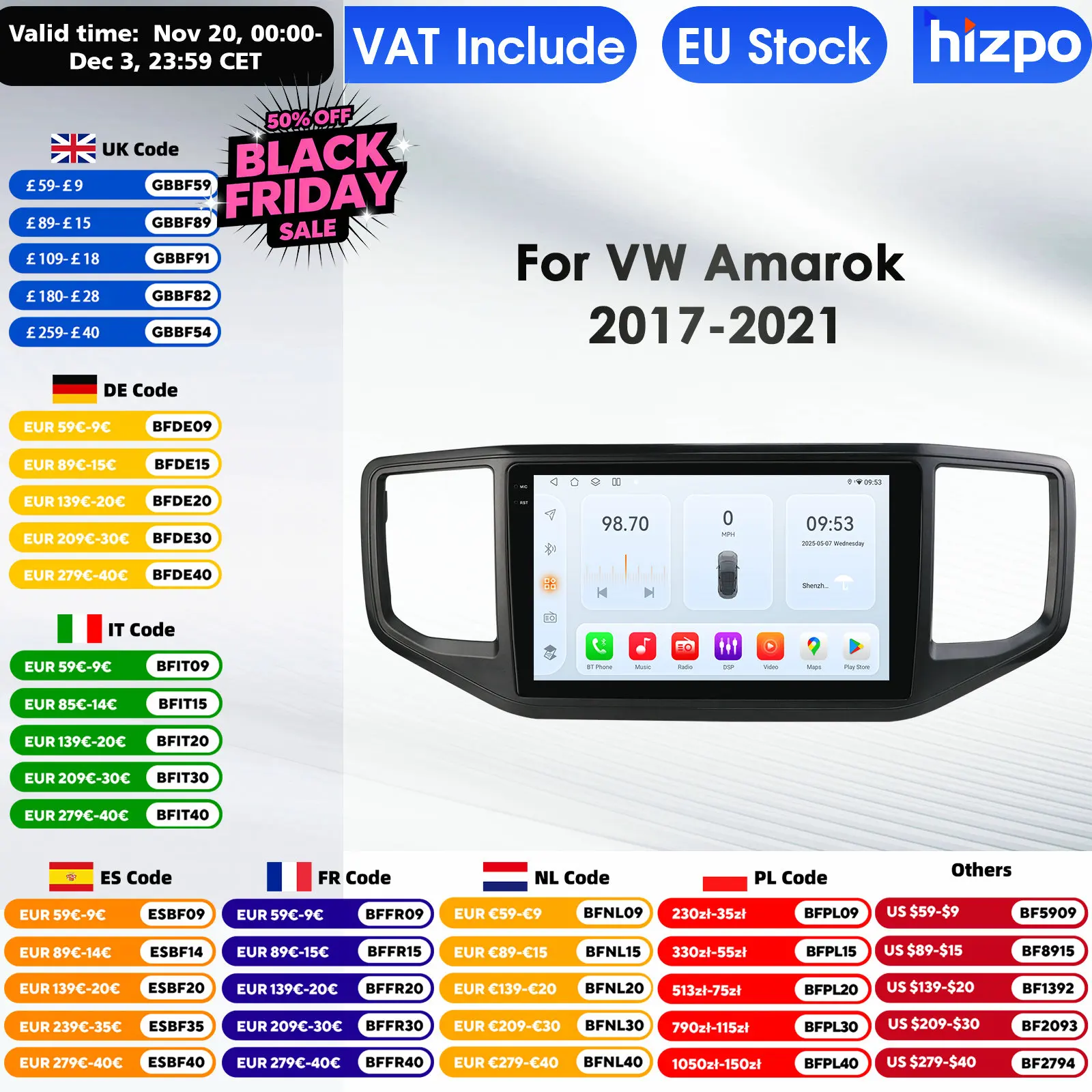 Hizpo Android 14 Auto-Multimedia für Volkswagen VW Amarok 1 2017-2021 Autoradio Carplay Navigation Intelligenter Bildschirm 4G 360°-Kamera 9 Zoll Auto-Intelligent-Bildschirm QLED-Display Automotive