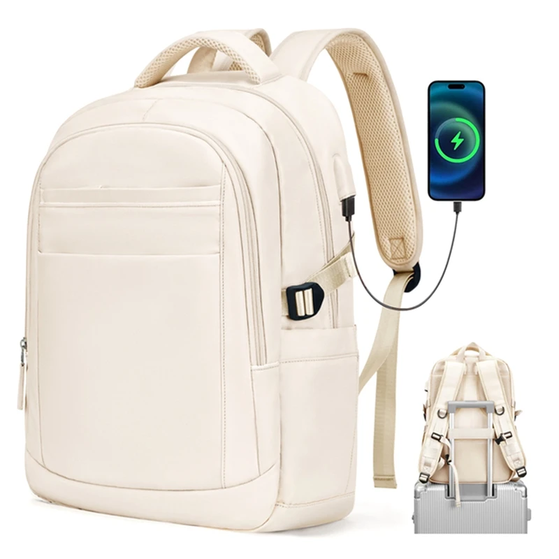 Laptop Backpack Women Women's Travel Backpack- Anti-Theft, USB Charging Port, Water-Resistant College Bookbag Beige