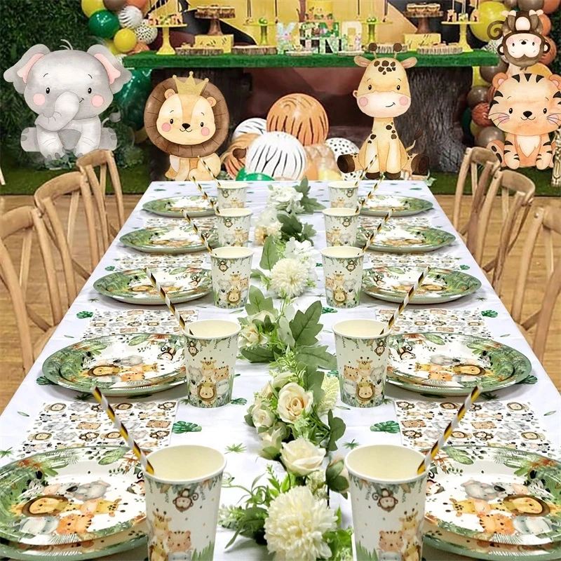 Jungle Animals Disposable Tableware Sets Tablecloth Cups Plate Kids Birthday Baby Shower 1st Birthday Safari Party Decoration