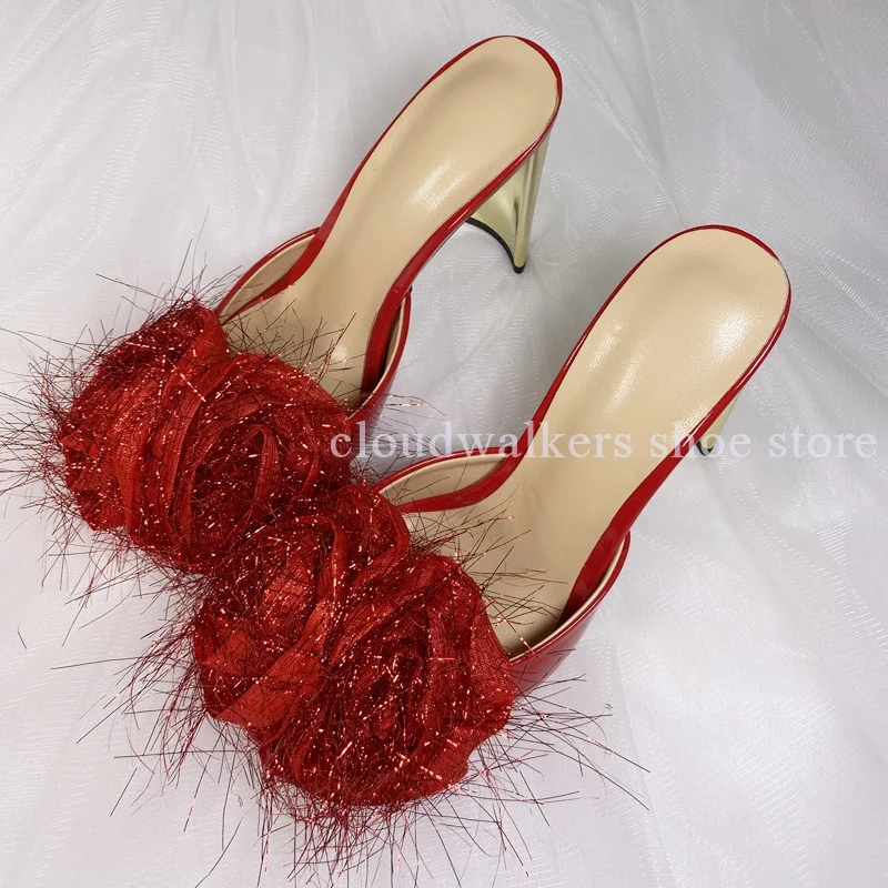 Women Glitter Tinsel Rose Floral Decor Gold Geometric Metal Block Heel Slip On Slippers Elegant Red Gold Color Party Dress Mules