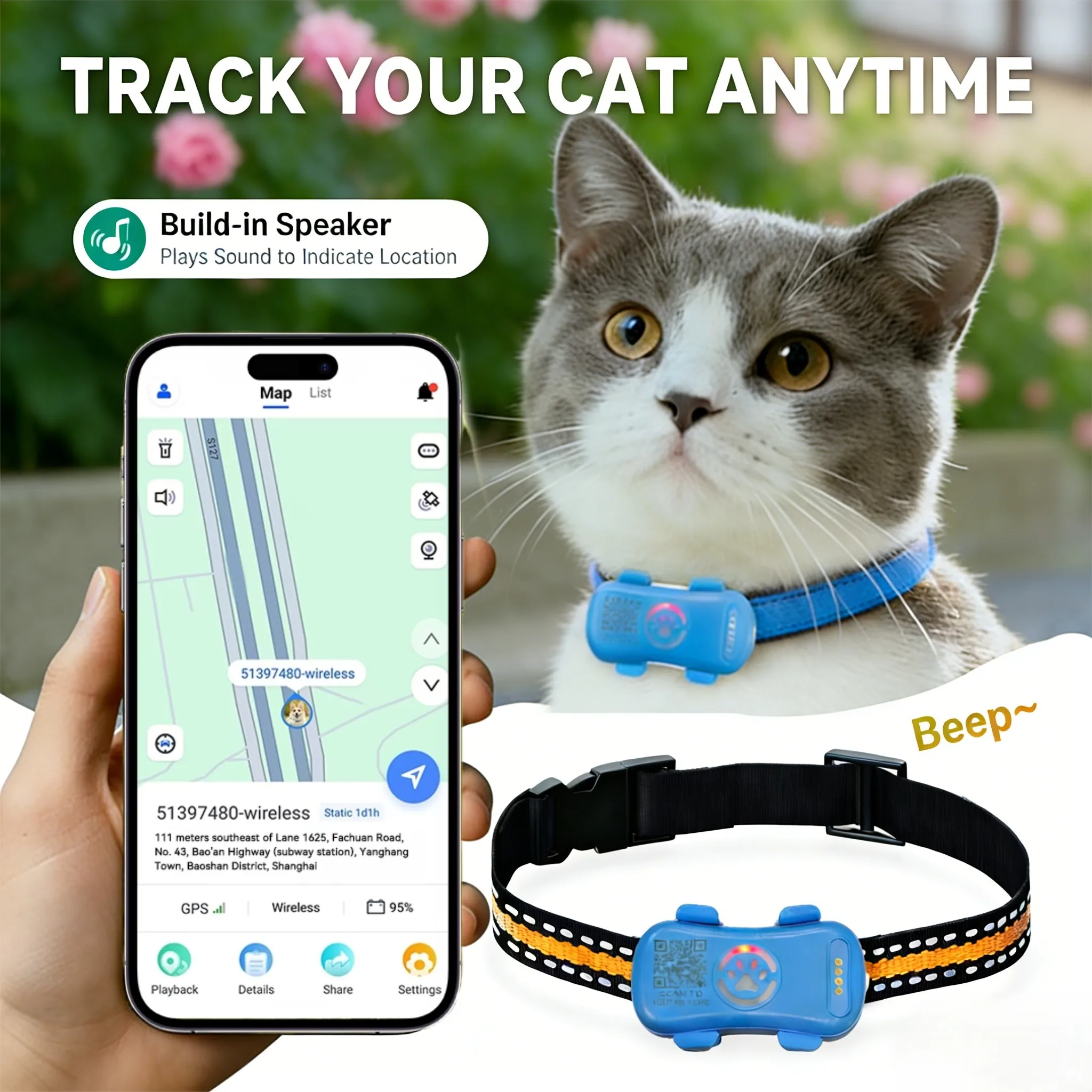 

Pet GPS Tracker for Small Large Dogs Cats - IP67 Waterproof Real-Time Location Collar with Geofence Alert Locator