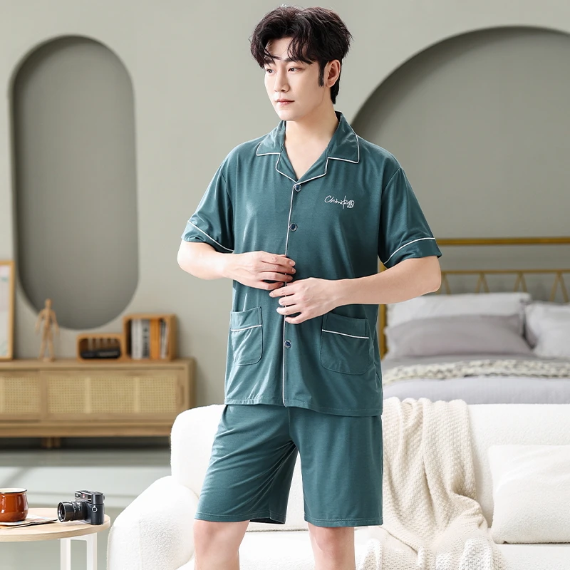 

Cardigan Pajamas Set For Men Summer Shorts Two Piece Sleepwear Short Sleeved Pijamas Big Yards M-4XL Loungewear Modal Nightwear