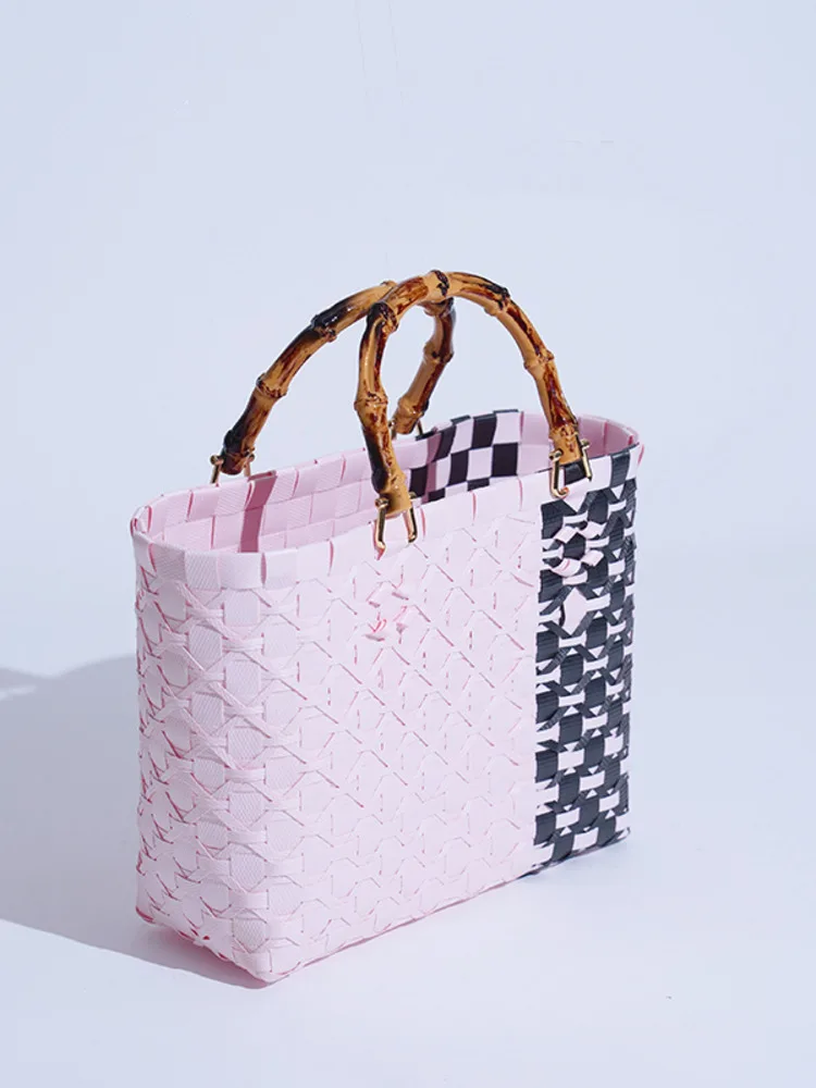 JNMC Splicing Women's Handmade Woven Shopping Handbags And Vegetable Baskets