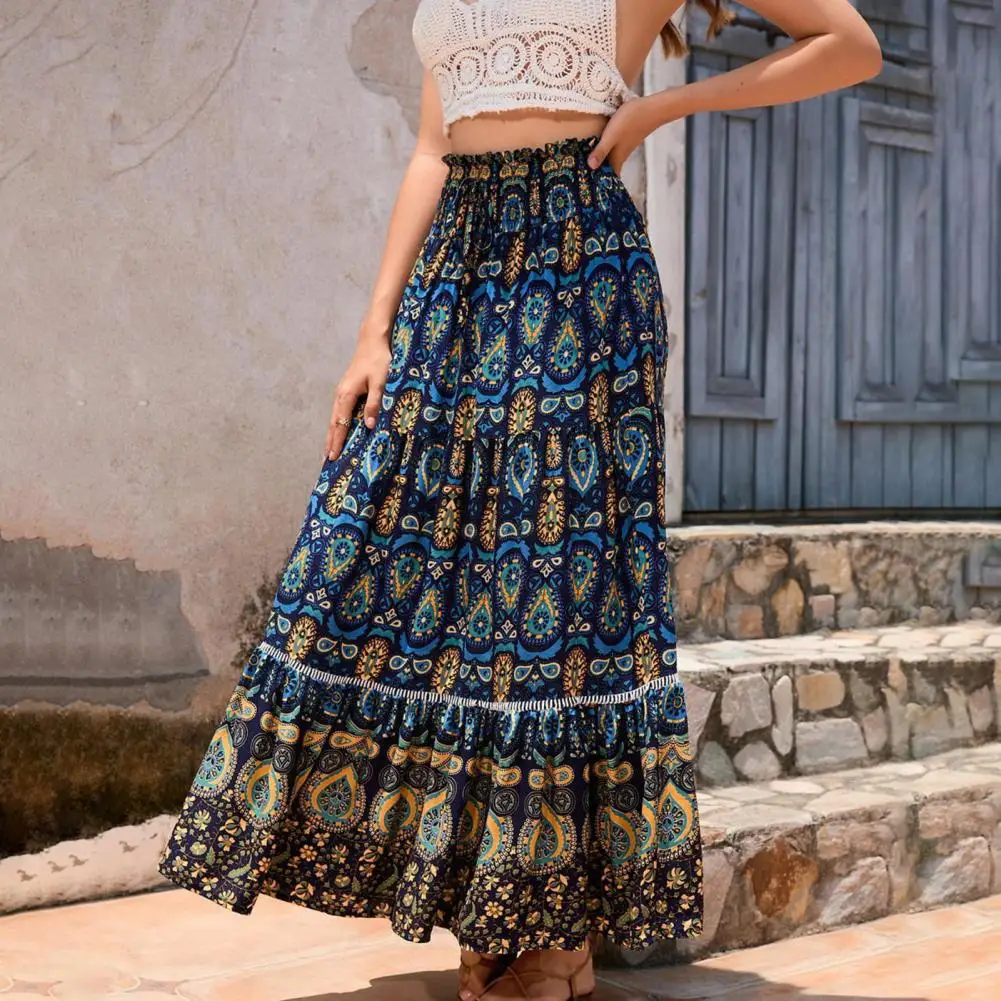 Boho Floral Maxi Skirt Tropical Print Skirt Elastic High Waist A Line Large Hem Women Skirts For Beach Party Holiday Faldas