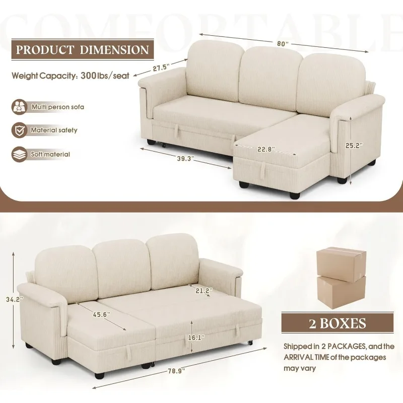 Sleeper Sofa, L-Shaped Sofa Couch with Reversible Storage Chaise Sectional Couches for Living Room, Small Apartment