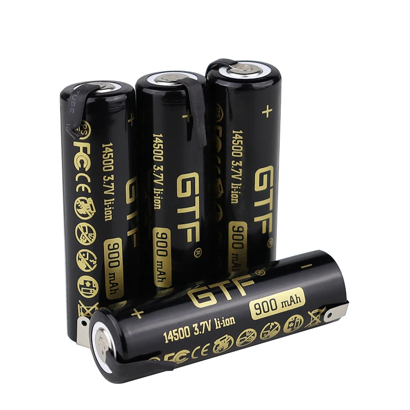 GTF 3.7V 900mAh 14500 with tab real capacity Li-Ion Rechargeable Battery for flashlight/remote control/toy point head 14500