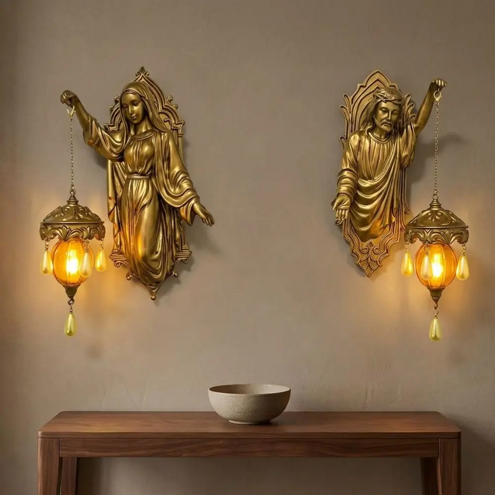 Vintage Religious Figure Led Wall Lamp Church Style Crystal Pendant Christ Themed Lamp Soft Light Resin Jesus Mary Wall Sconce
