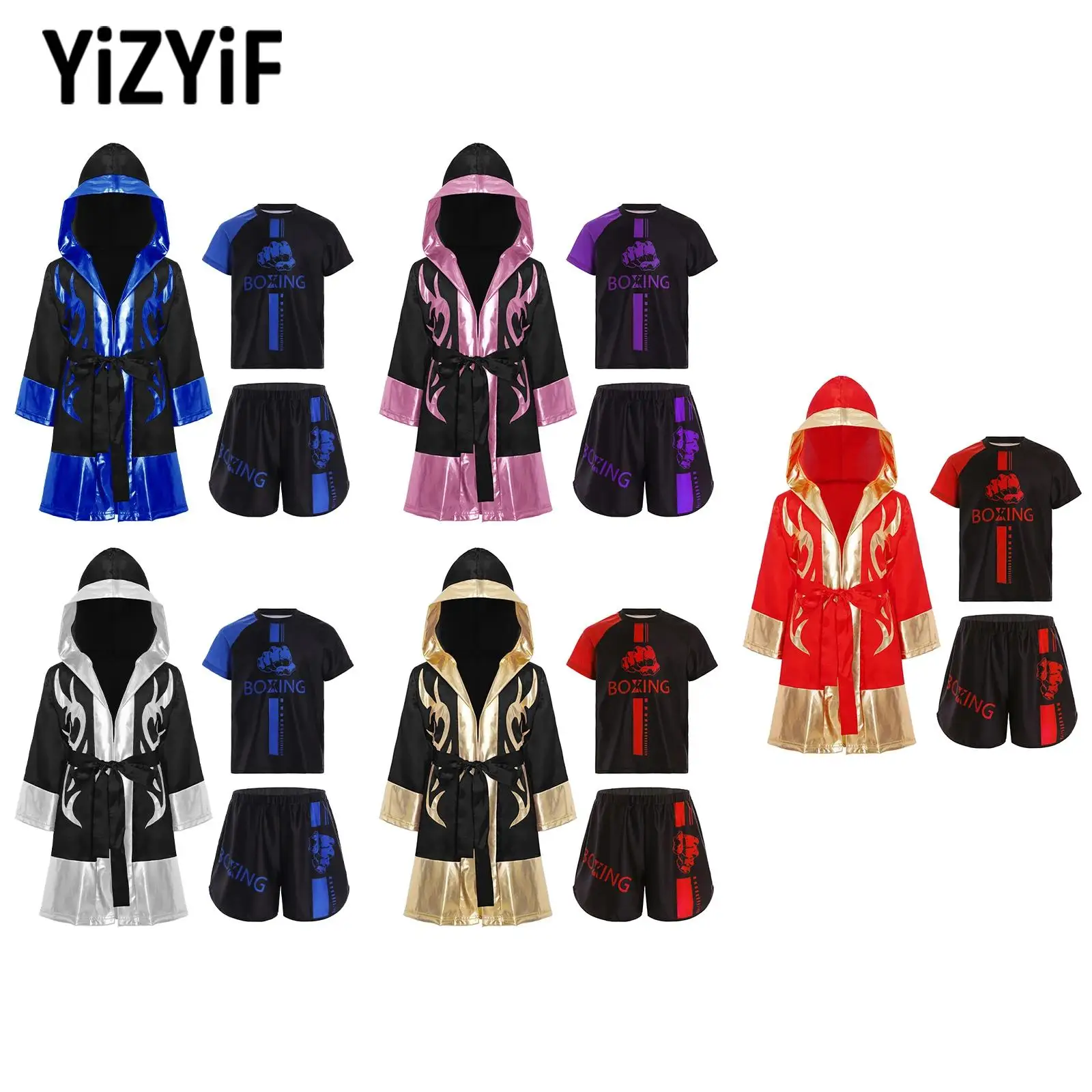 

Children Boys Boxing Outfits Martial Arts Training Team Clothes Long Sleeve Robe with T-shirt And Shorts for Halloween Party