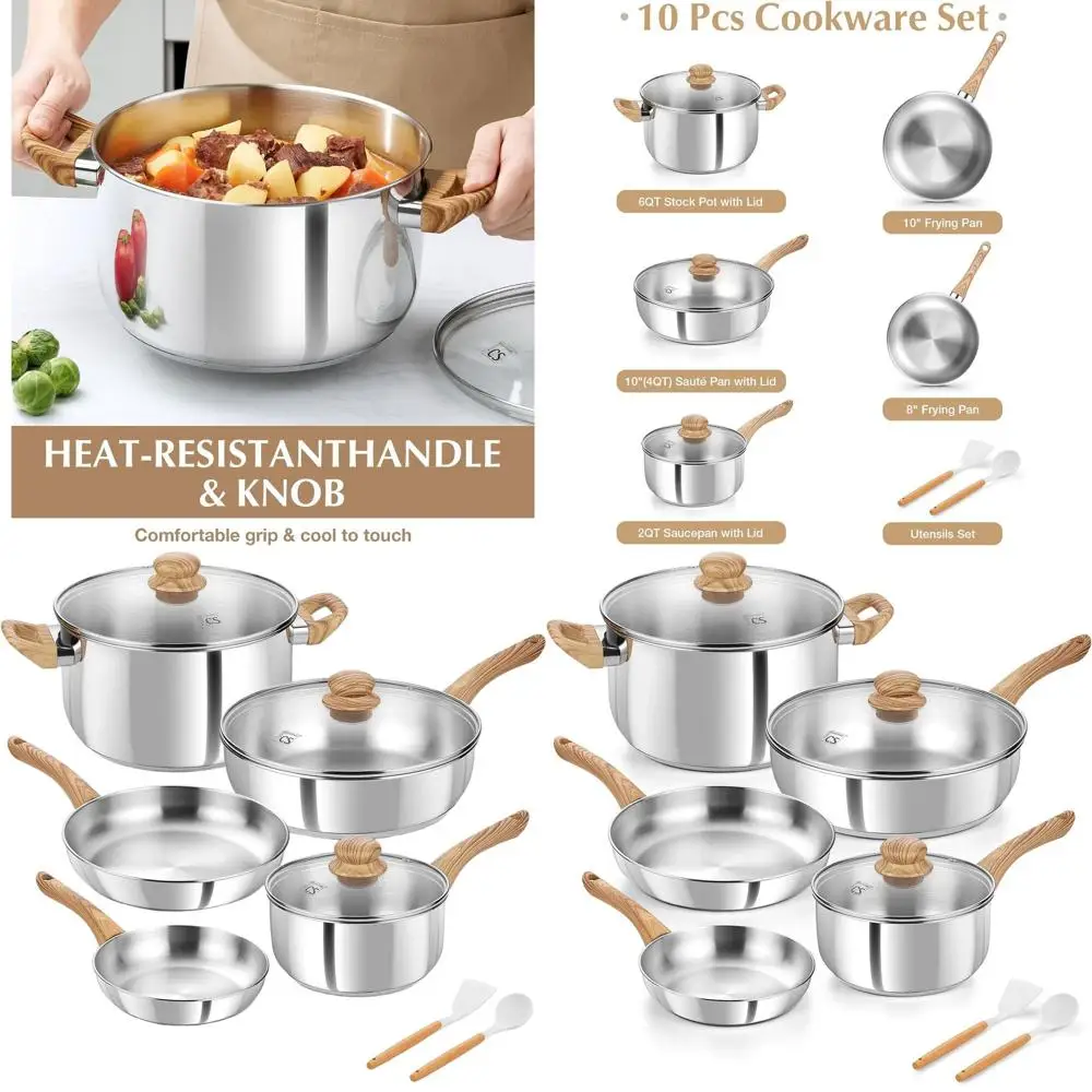 

10-Piece 18/10 Stainless Steel Cookware Set with Cool Grips, Tri-Ply Bottom, Induction Ready