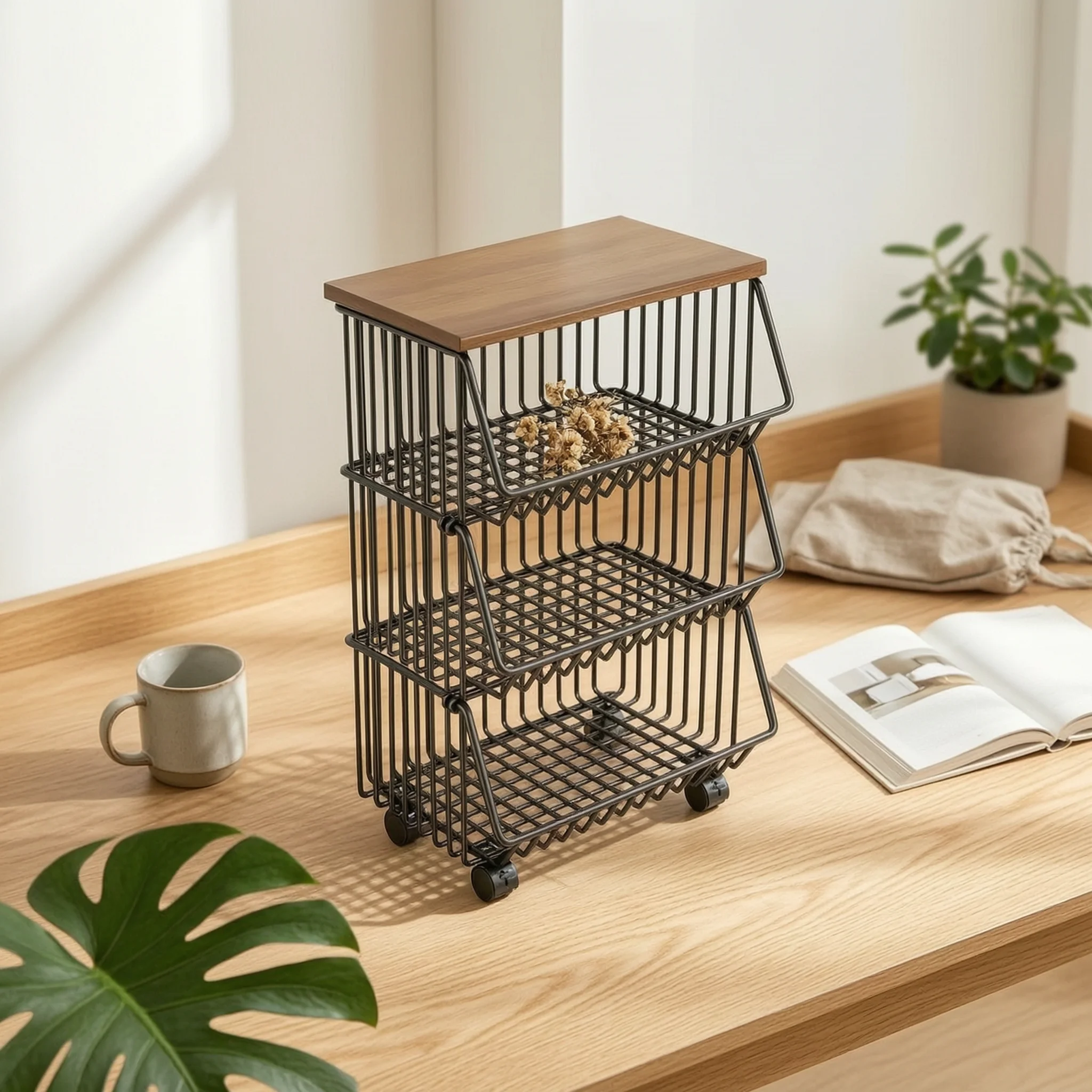 Kitchen Storage Cart with Wood Top Narrow Rolling Cart with Wire Baskets Pantry Organizer Ventilated Slim for Apartment