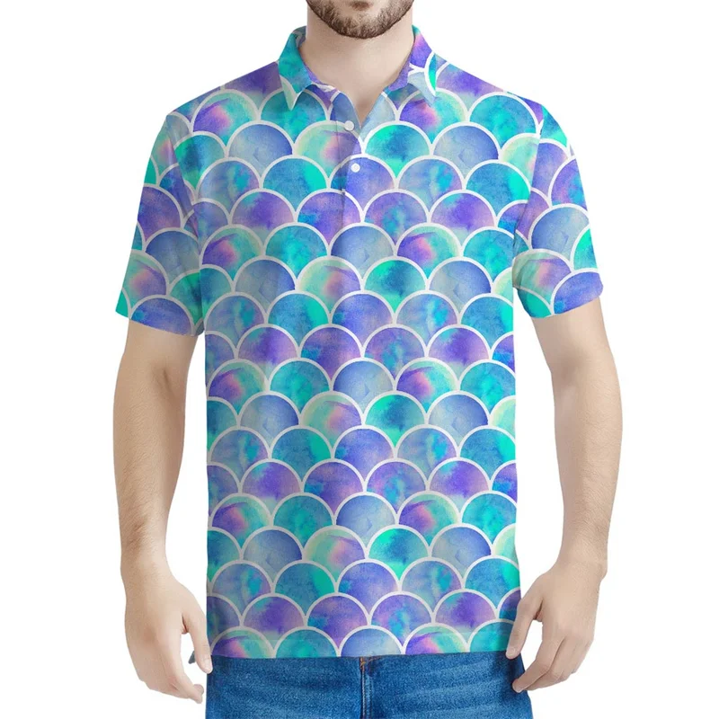 Colorful Fish Scales Pattern Polo Shirt For Men 3D Printed T-Shirts Women Button Short Sleeves Street Lapel Loose Tee Shirts