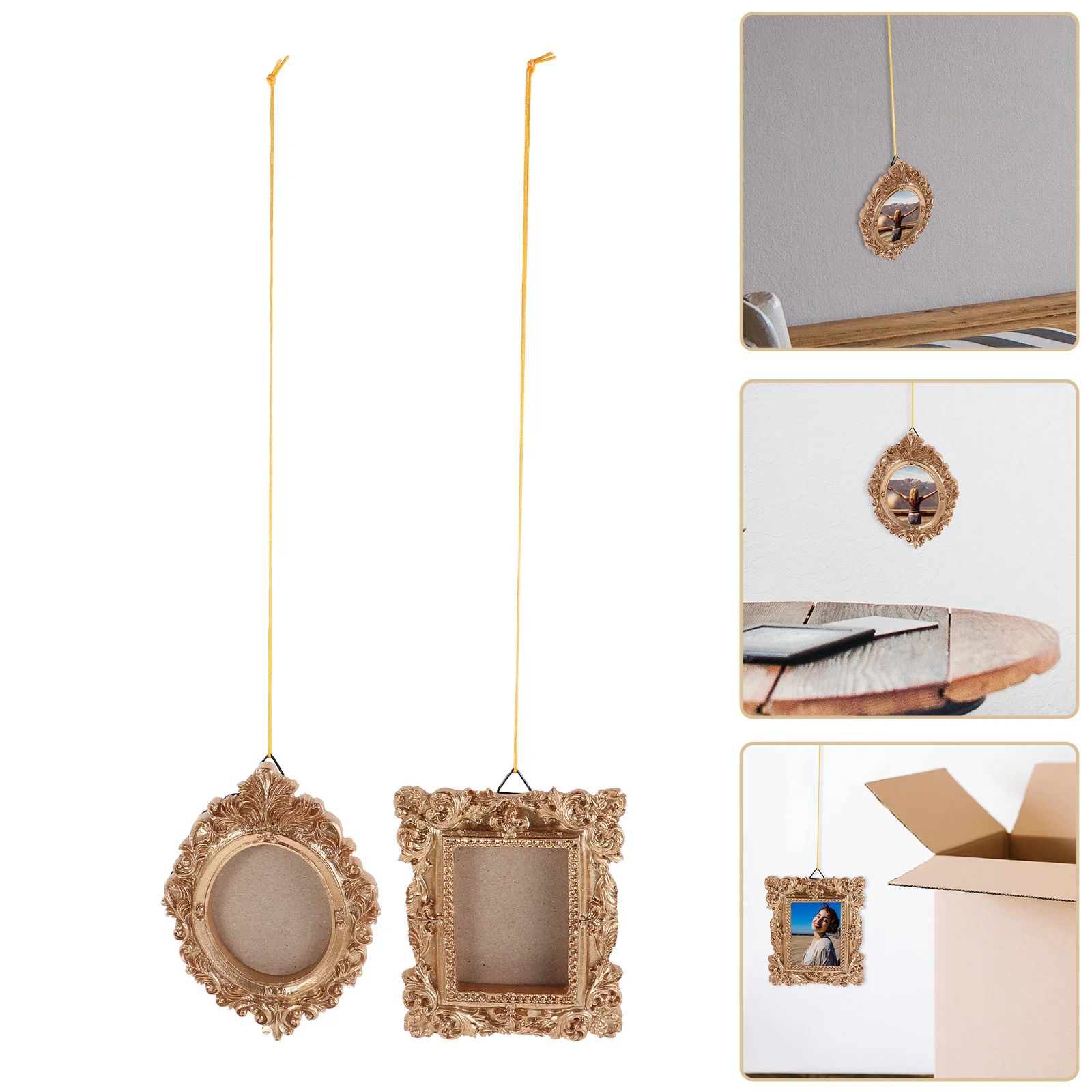 2 Pcs Photo Frame Decoration Golden Picture Frames Vintage Wall Hanging Miniature Resin Ornaments Oval