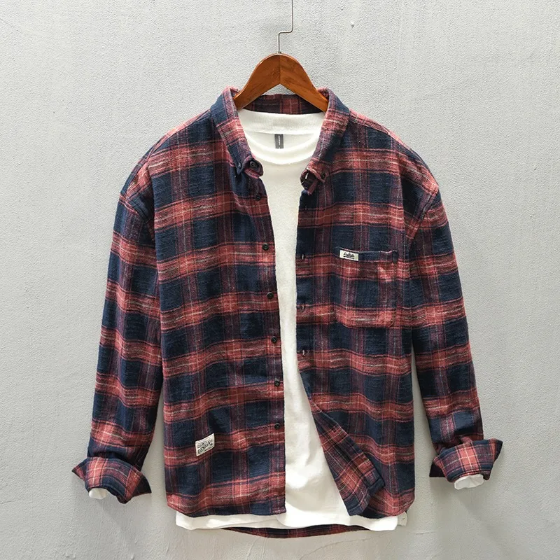 

American Sle Heavyweight Retro Plaid Long Sve Men's irt Spring Autumn Loose Versatile Japanese Sle Pure Cotton irt...