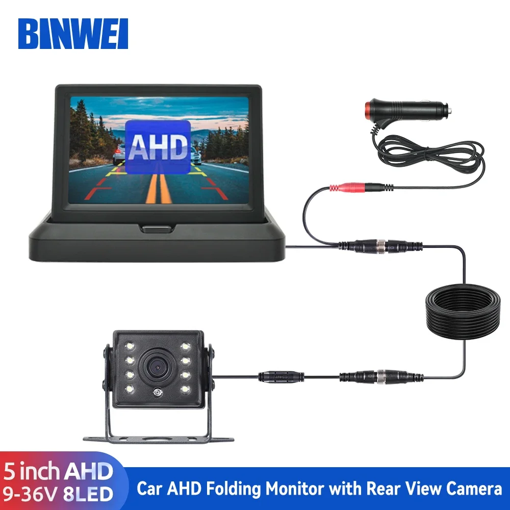 

BINWEI 5 Inch Car AHD Folding Monitor with Rear View Camera for Truck Parking LED AHD Reversing Camera Screen Easy Installation