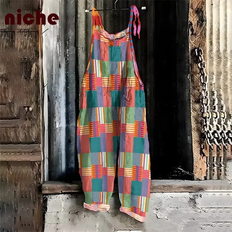 Summer Women's casual comfort jumpsuit, stylish retro pink color block 3D printed overalls with adjustable straps