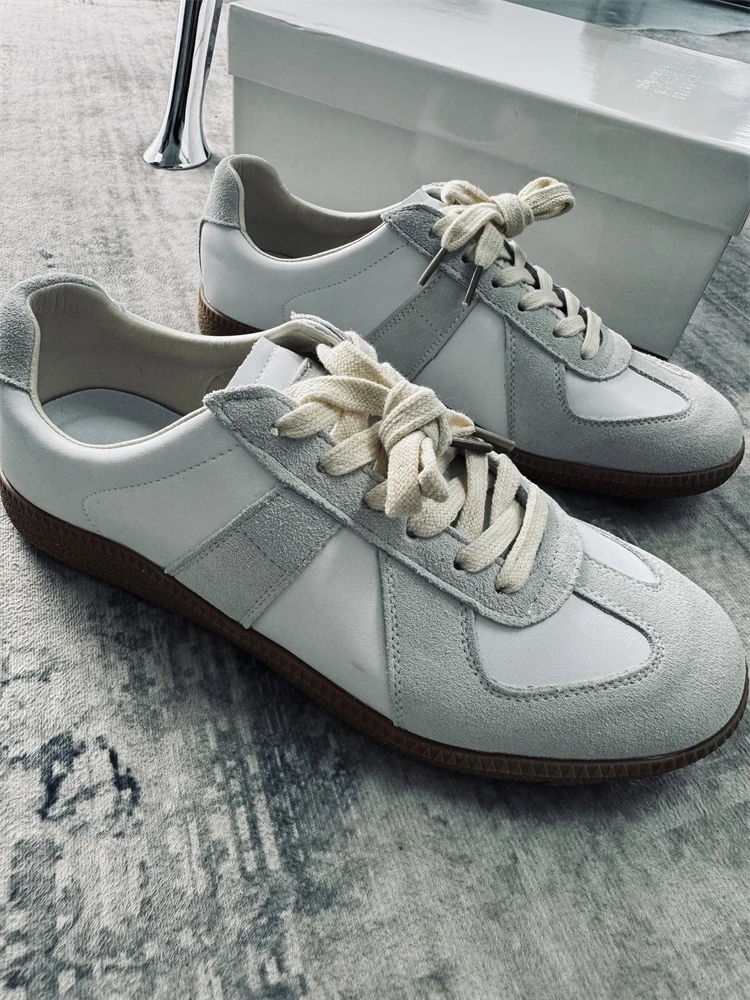 

Top Layer Cowhide Genuine Leather Deqin Shoes Unisex Casual Sneakers Soft Bottom Retro Style Lace up round Toe Rubber Outsole