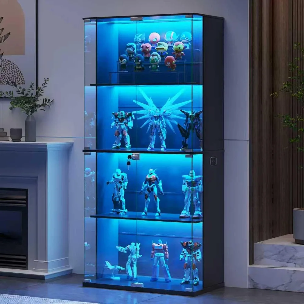 Vitrina con puerta de vidrio, vitrina iluminada de 4 niveles con 3 luces de colores para librerías coleccionables, 66 pantallas con cerradura