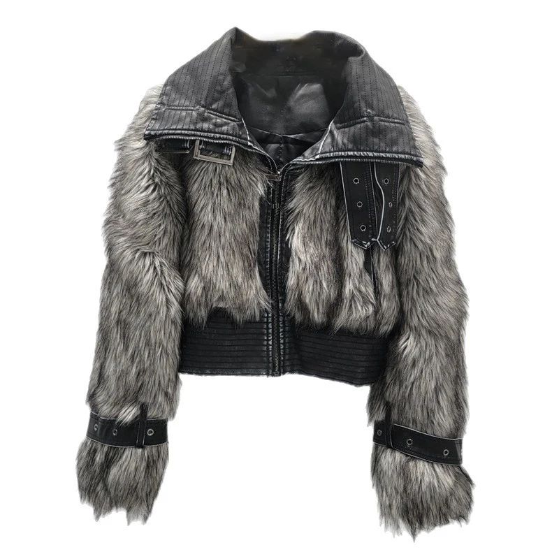 WTHT 신상 트렌디 여성용 플러시 스플라이스 PU 가죽 인조 모피 재킷 2025 겨울 라펠 긴 소매 벨트 디자인 코트 여성용 1LS2694