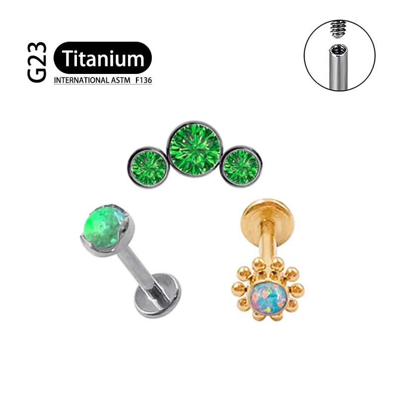 G23 Titanium Lip Labret Nose 16G Green Opal Zircon Internally Threaded Earring Helix Tragus Cartilage Ear Piercing Jewelry