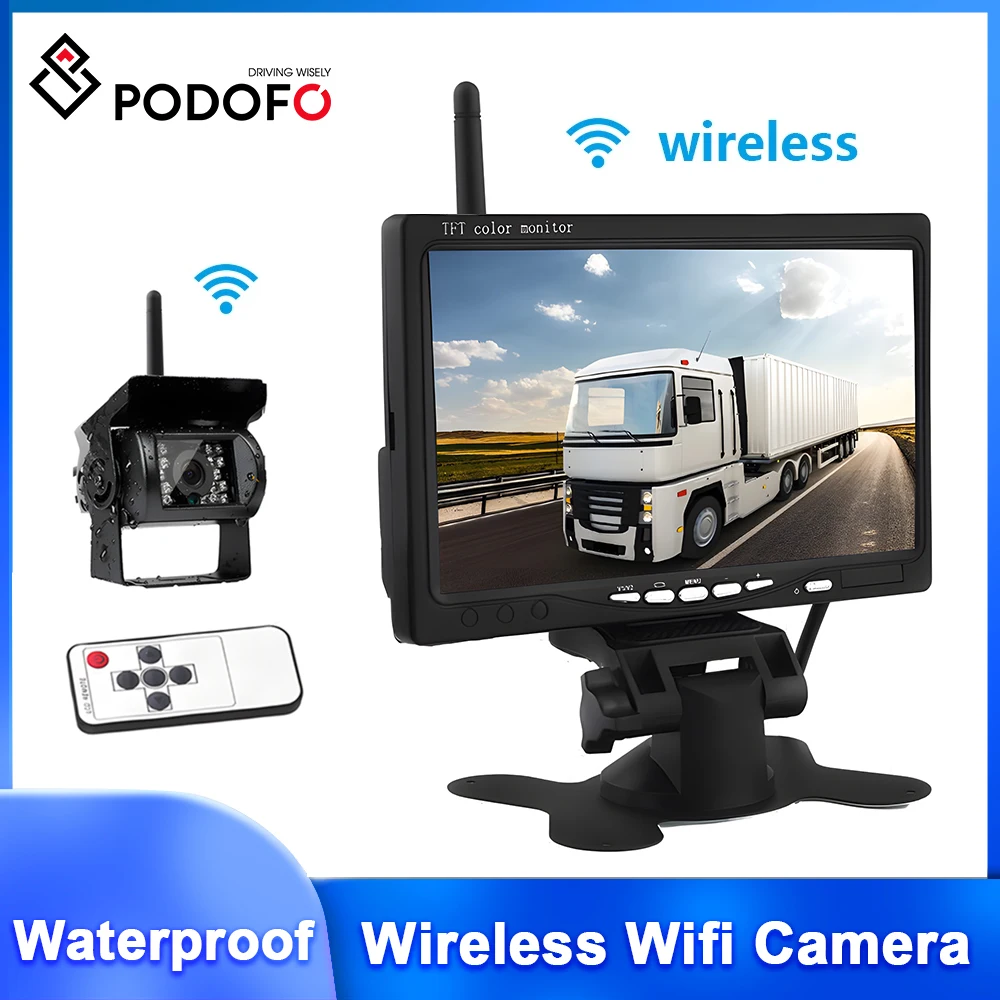 

Podofo 7" Car Monitor Wireless Backup Camera IR Night Vision Waterproof Rear View Monitor for RV Bus Parking Assistance System