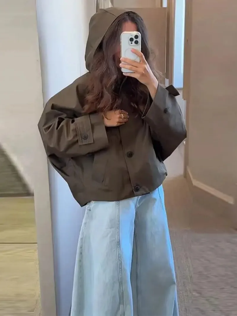 

Ladies Casual Coat Waterproof Hoodie Jacket Long Sleeve Outerwear Spring Autumn Fashion High Street Side Button