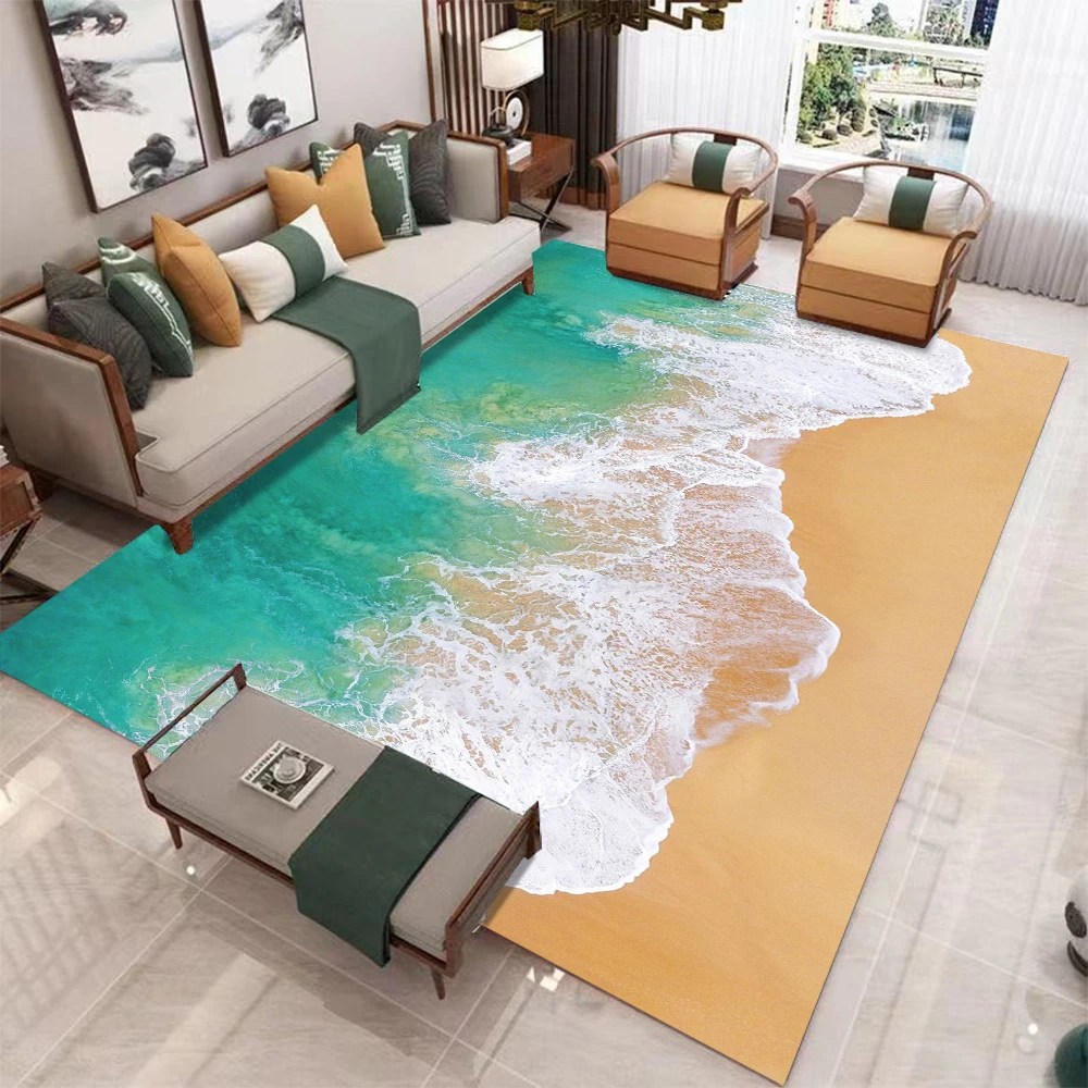 Alfombra estéreo 3D con temática de océano para sala de estar, diseño de estilo playero, decoración interior del hogar, alfombra de área grande, alfombra para el hogar costero