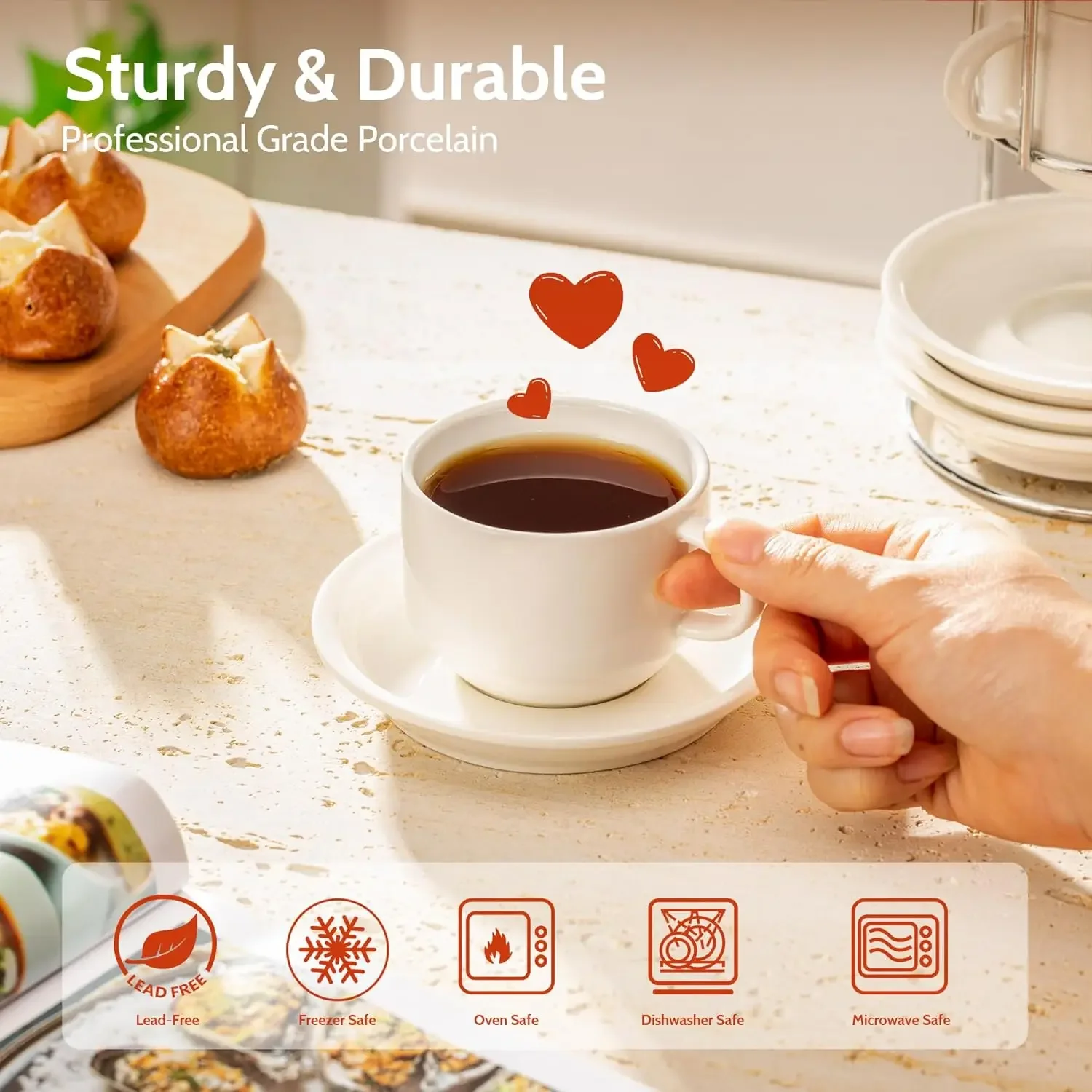 4pcs Porcelain Espresso Coffee Cup with Saucer and Metal Stand Set for Coffee Drinks Cappuccino Latte Espresso Americano and Tea