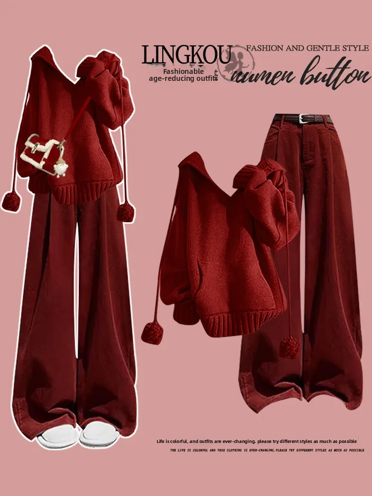 Plus Size Dames Gebreide Trui En Losse Casual Broek Set Rode Kleur Afslanken Herfst Winter Faion Tweedelig Pak Koreaanse S...