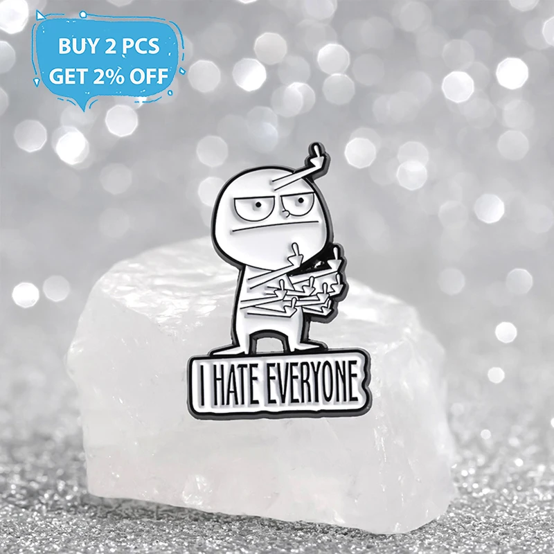 I Hate Everyone Enamel Pins Custom Stickman Middle Finger Brooches Lapel Badges Cartoon Funny Jewelry Gift for Kids Friends