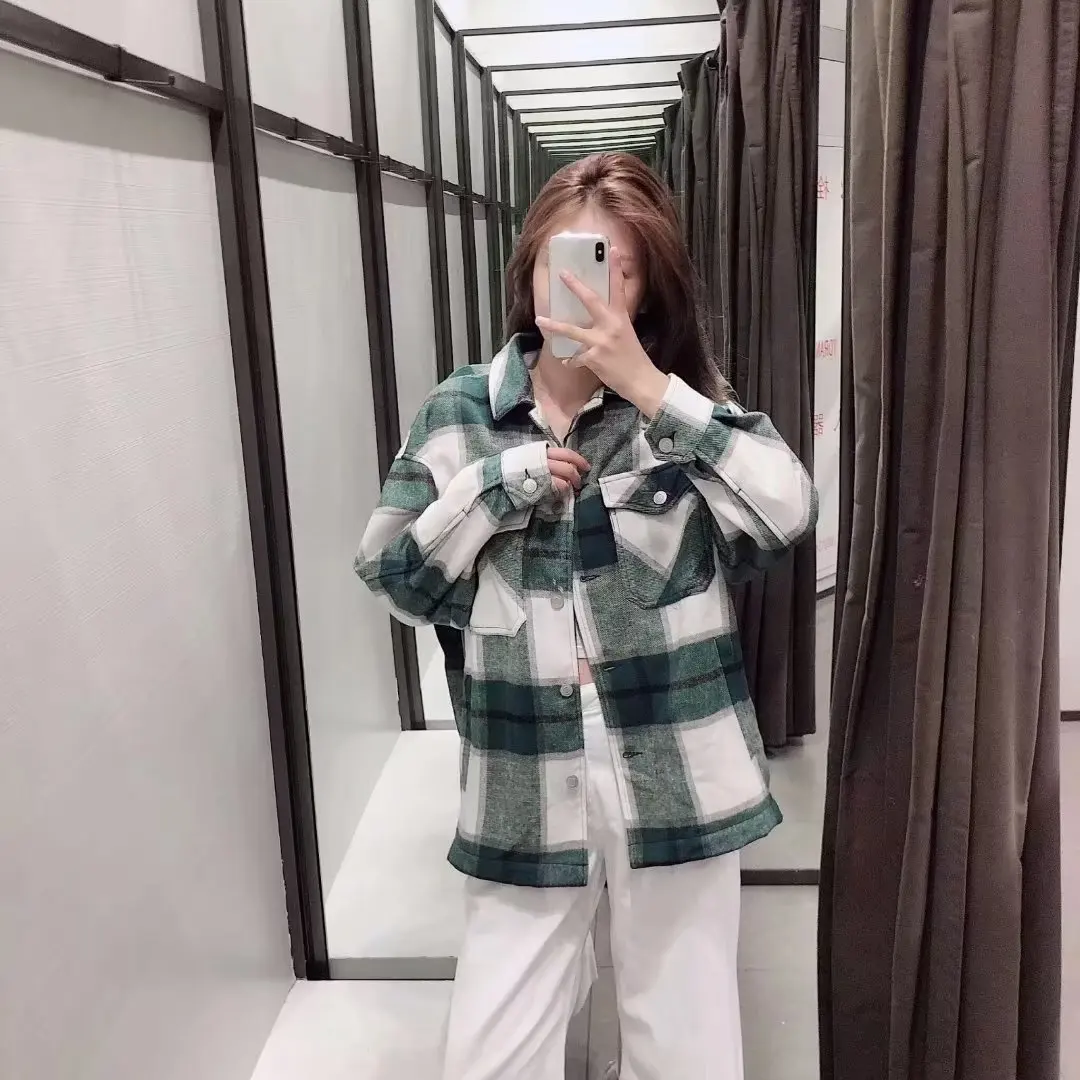 2023 Winter Oversize Gingham Plaid Woolen Shirt Jackets Warm Women Fashion Pockets Lapel Cute Girls Chic Check Coat Streetwear