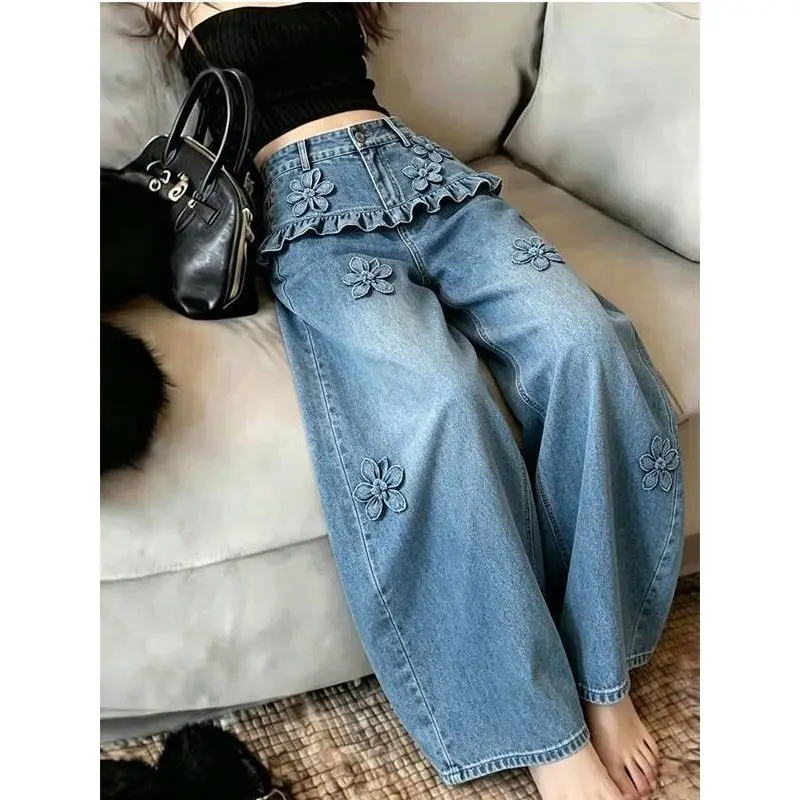 Blue Flower Cowboy Wide Leg Pants for Girls Middle and Large High Grade Loose Casual Pants