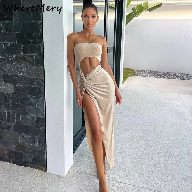 Wherbemery Summer Sexy abito a fessura senza maniche scava fuori abiti lunghi da donna eleganti Skinny 2022 Fashion Ladies Party Club Vestido