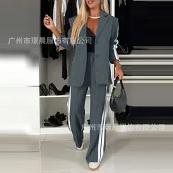 Women's Casual Striped Short Lapel Suit Straight Pants Suit Jumpsuit Women's Commuting Pants Suit New Matching Suit Fashion