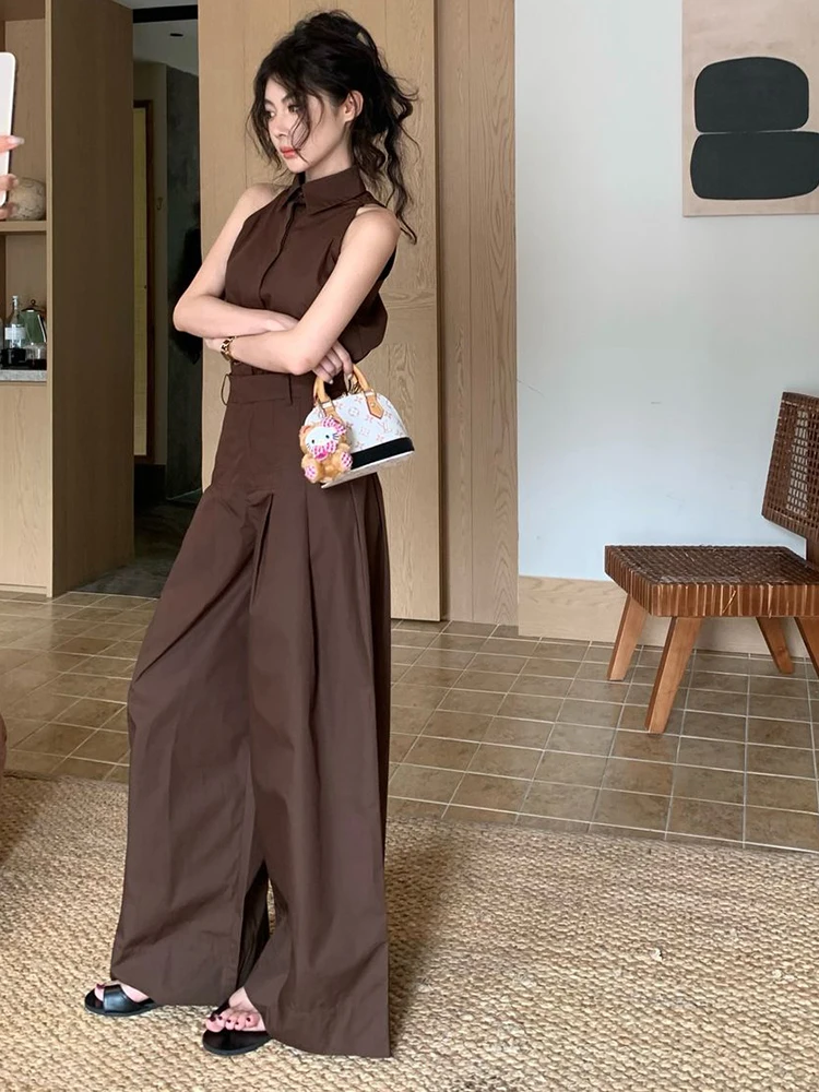 Summer High Quality Two Piece Set For Women Fashion Casual Halterneck Sleeveless Top + High Waist Wide Leg Pants