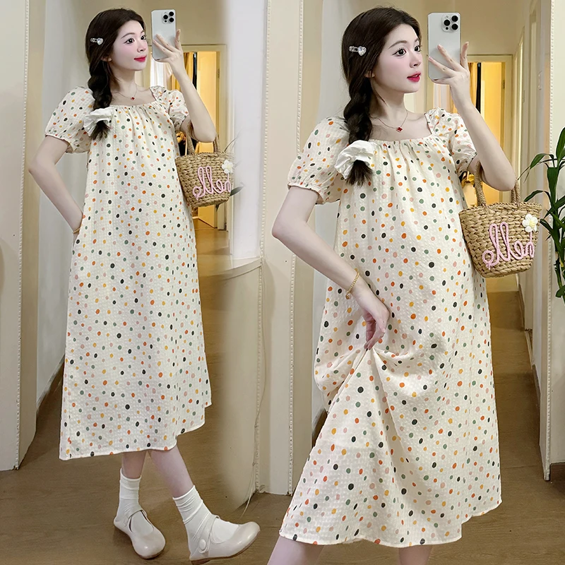 

Korean Style Summer Clolorful Polka Dot Dress for Maternity Flexibility Shoulderless Long Loose Pregnant Woman Holiday Dresses