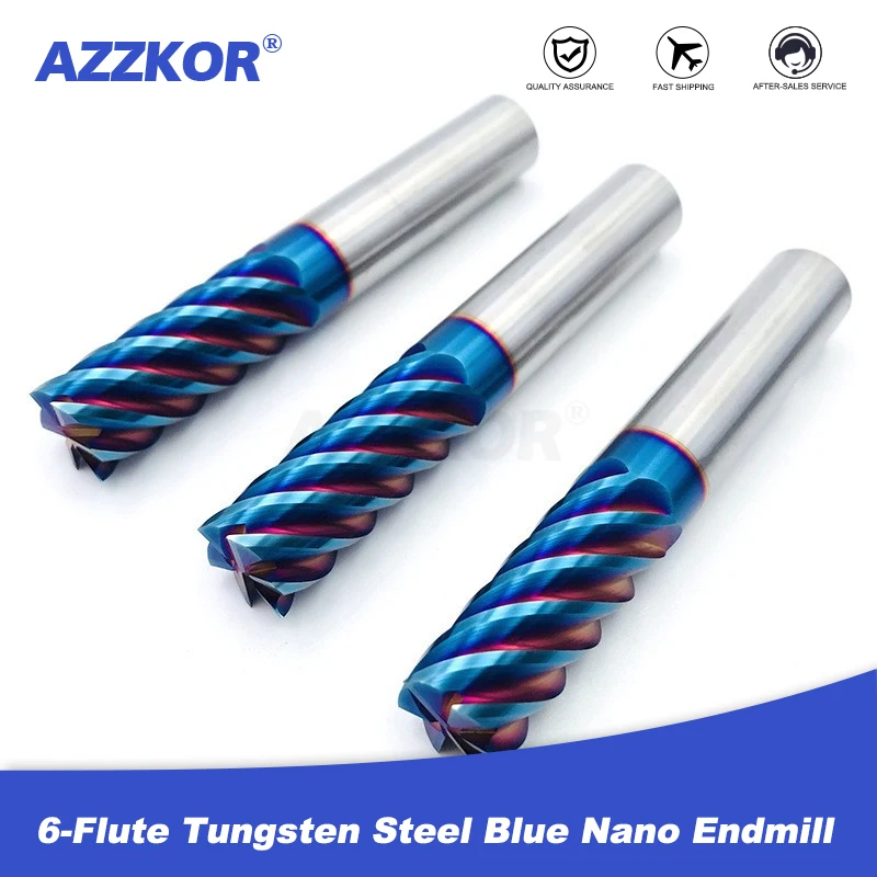 AZZKOR HRC70 6-Flute Tungsten Steel Carbide Blue Nano Coating Flate Milling Cutter CNC Machine Machining Endmill Tools