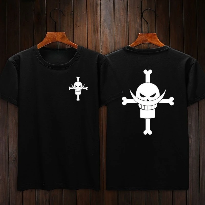 Anime One Piece Whitebeard Flag T-Shirt Men 100% Cotton Retro Jolly Roger Short Sleeve Casual Tee