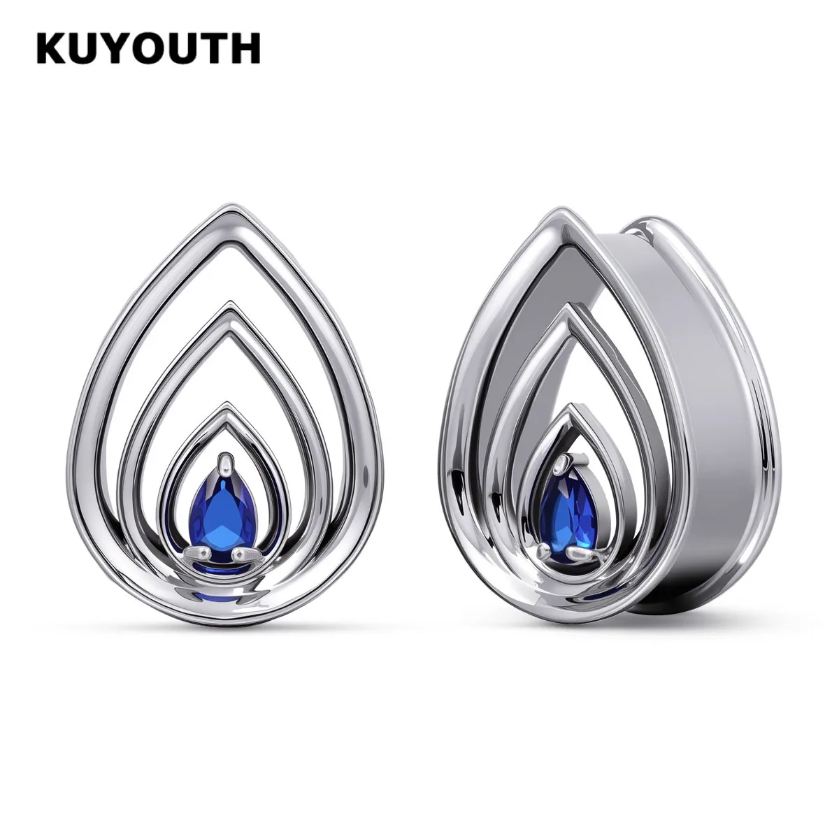 KUYOUTH 2PCS Blue Zircon Ear Tunnels Plugs Layered Teardrop Stretchers Gauges Body Piercing Jewelry