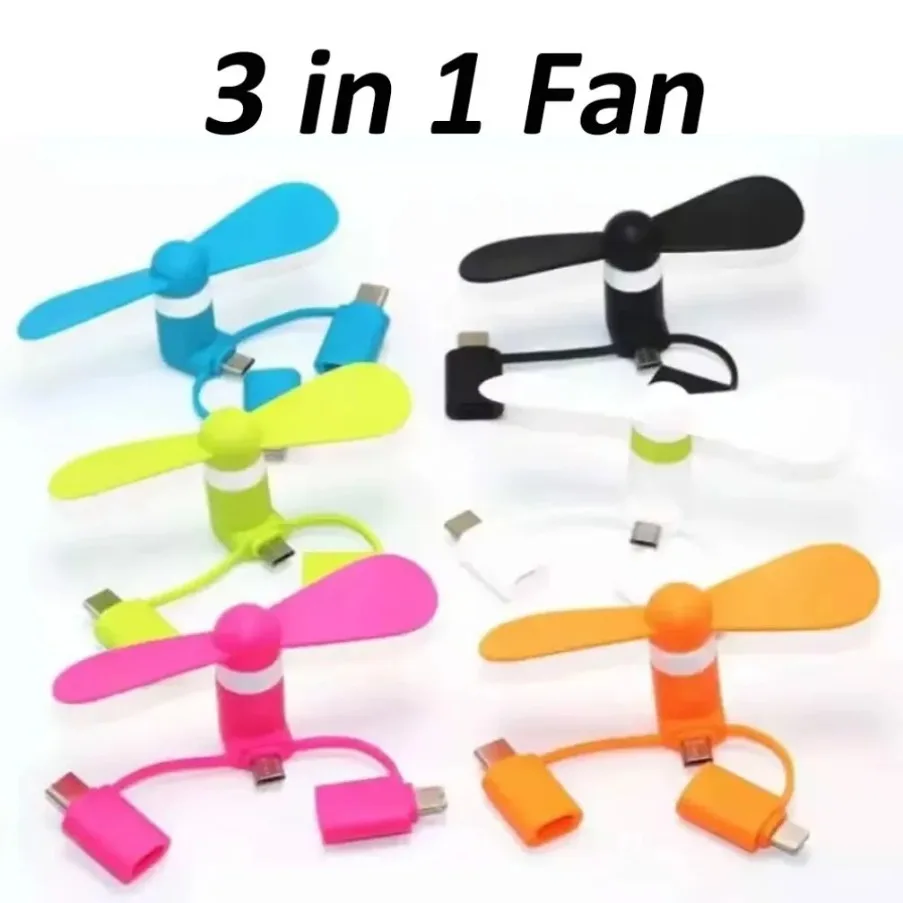 ملحقات تبريد صغيرة USB مبرد الهاتف 3 في 1 مروحة عالمية لهاتف iPhone 16 Samsung S24 Xiaomi Micro/Type-C/IOS مروحة الهاتف الذكي