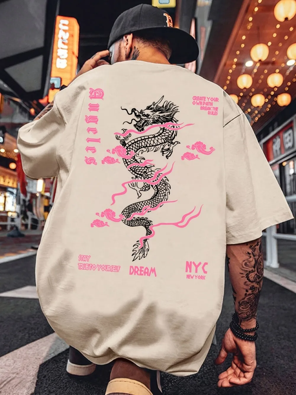European and American men's summer dragon totem letter print micro elastic breathable round neck T-shirt outdoor street top