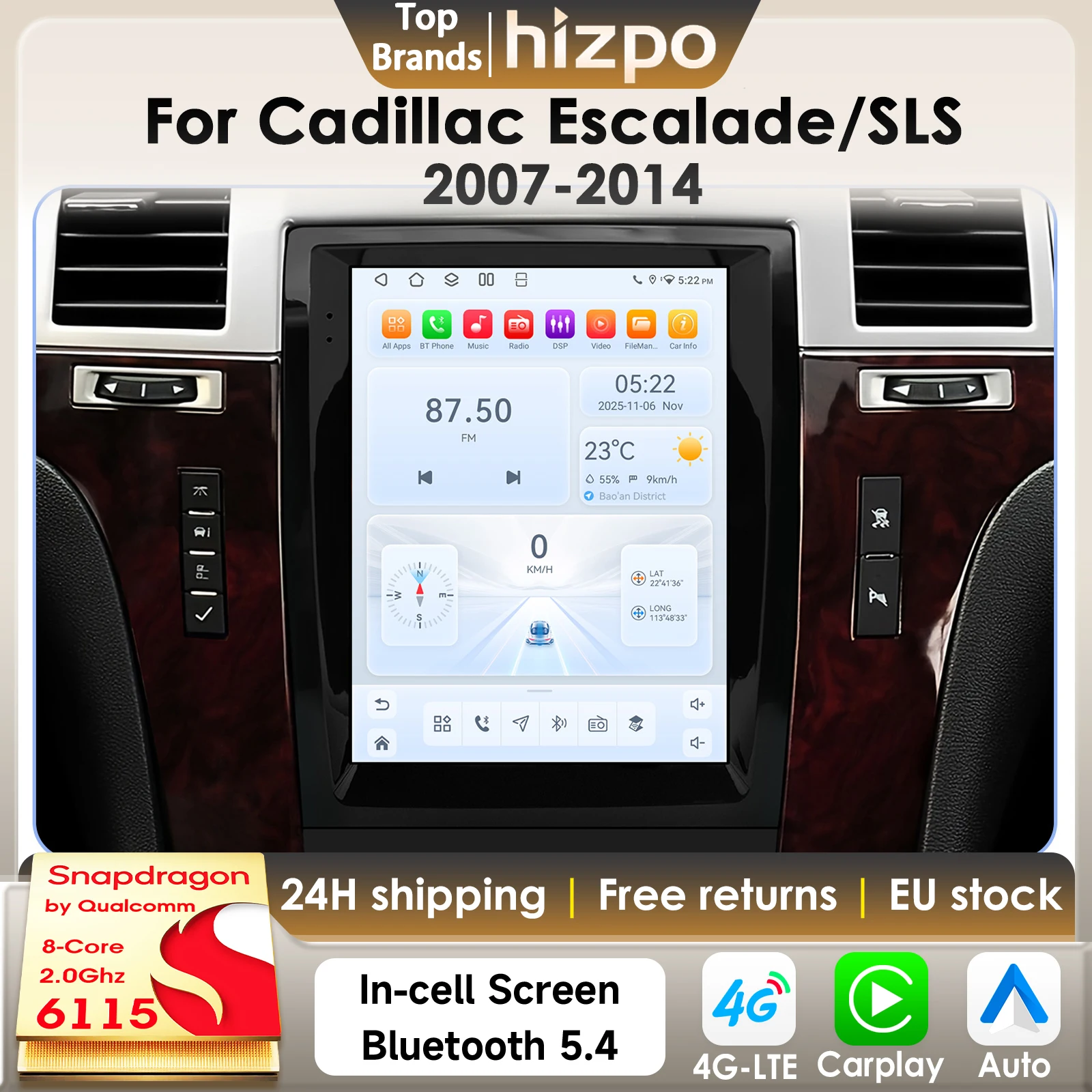 Autoradio Android Hizpo 9.7" con Carplay per Cadillac Escalade/SLS 2007 - 2014, schermo verticale stile Tesla, GPS, 4G, Bluetooth, telecamera a 360°, 6115