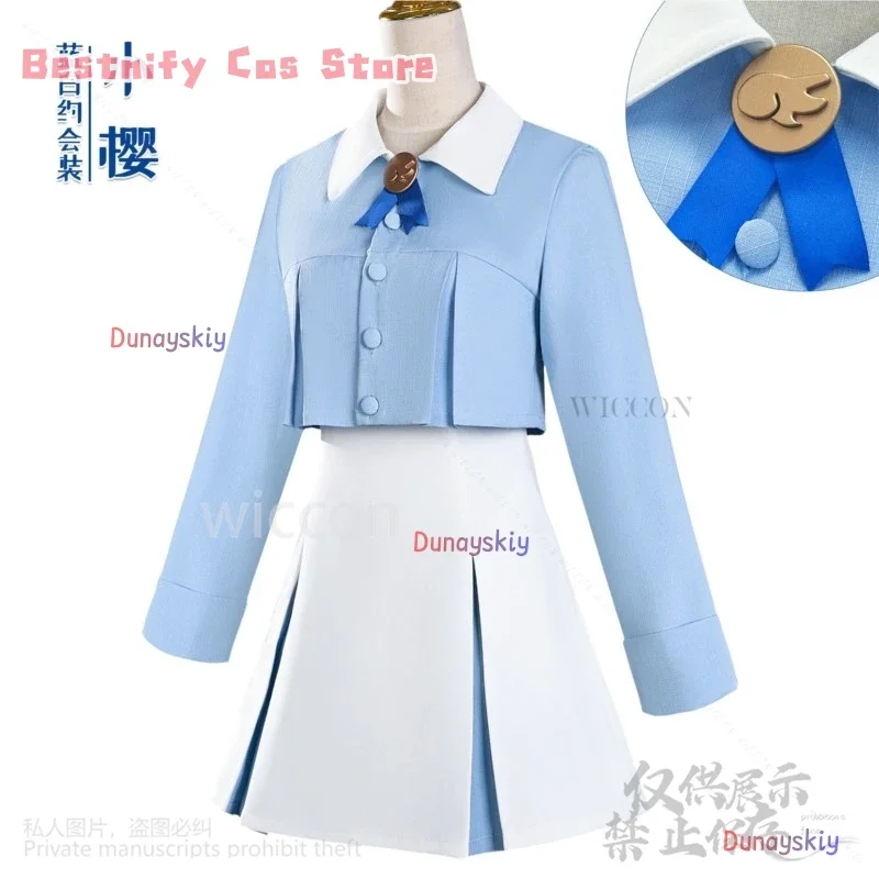 كوسبلاي كاردكابتور ساكورا كينوموتو كوسبفريه ساكورا أنيمي كاواي قميص أزرق فستان أبيض تاريخ الزي الرسمي الباروكات JK مدرسة لوليتا كوس مخصص