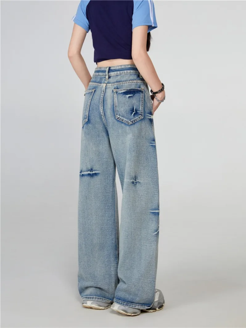 Spring Autumn American Retro Wide Leg Casual Loose Jeans Korean Fashion Women's High-waisted Vintage Female Summer Pants Waist