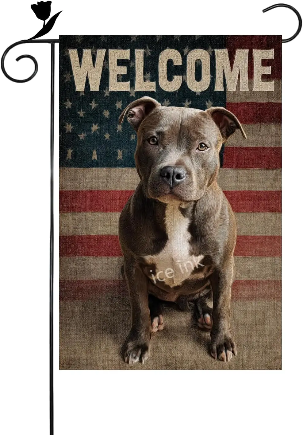 Ice ink Pitbull Dog Garden Flag 4th of July 12x18 Inch Double Sided Rustic Yard America Flag Linen Burlap for Patriotic Inde ZZM