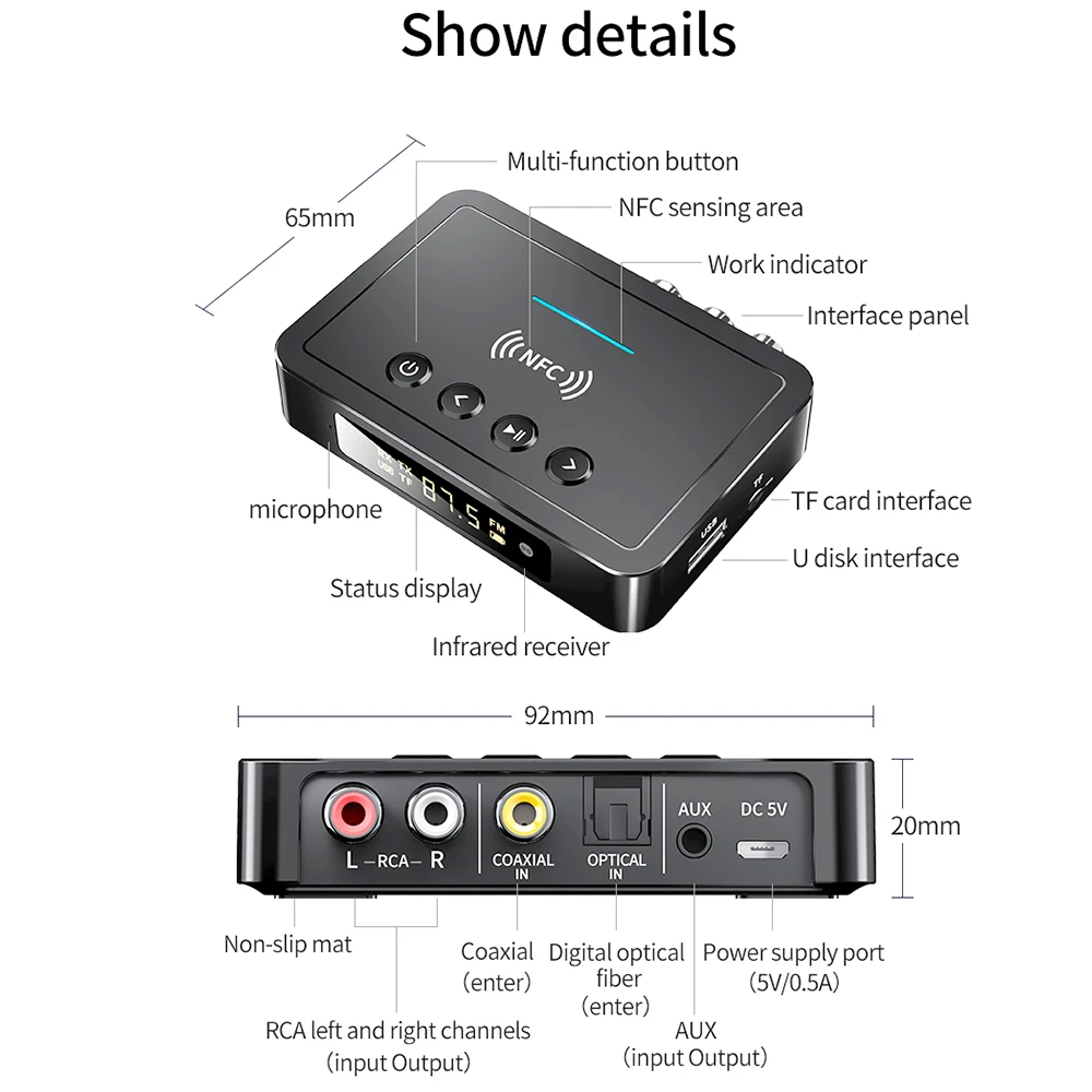 Bluetooth Receiver Transmitter Remote Controller Digital Adapter M6 3.5mm AUX/RCA/USB U Disk/TF Input Bluetooth 5.4