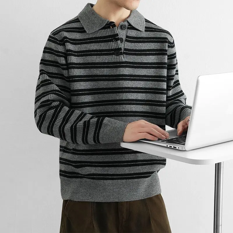 

Мужской свитер свободного кроя из трикотажа с высоким воротником, в полоску, с цветовыми блоками, осенне-зимний, в корейском стиле, плотный, теплый