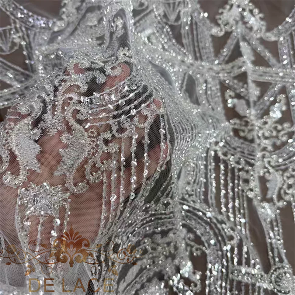 YCM Luxury Castle Machine Beaded Lace Embroidery Mesh Fabric Wedding Dress Lace Fabric With Sequins