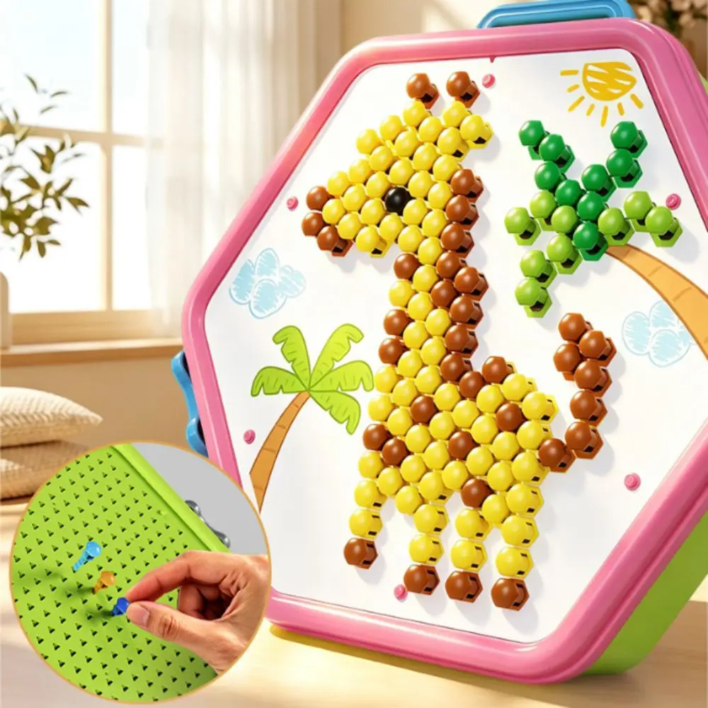 3D Pegboard Puzzle Set Colorful Patterns Mushroom Shaped Pegs Mushroom Nail Pegboard Perforated Board Focus Training