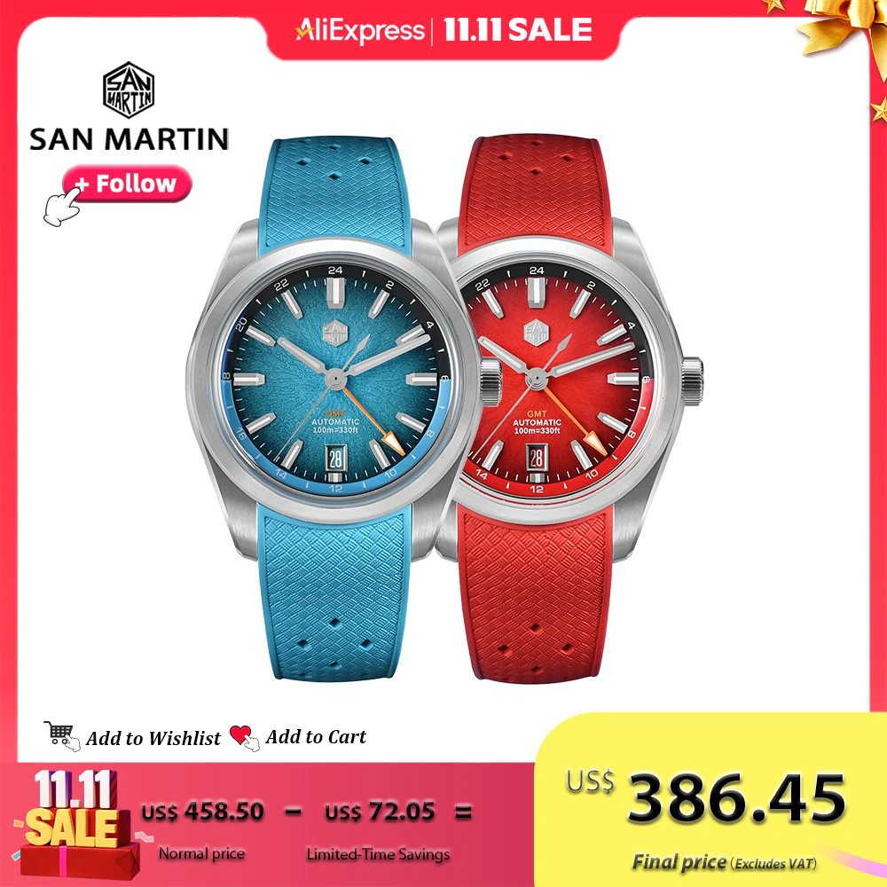 산 마틴 39mm GMT 미요타 9075 럭셔리 시계 지안잔 자동 기계식 시계 남성용 사파이어 방수 10Bar SN0144