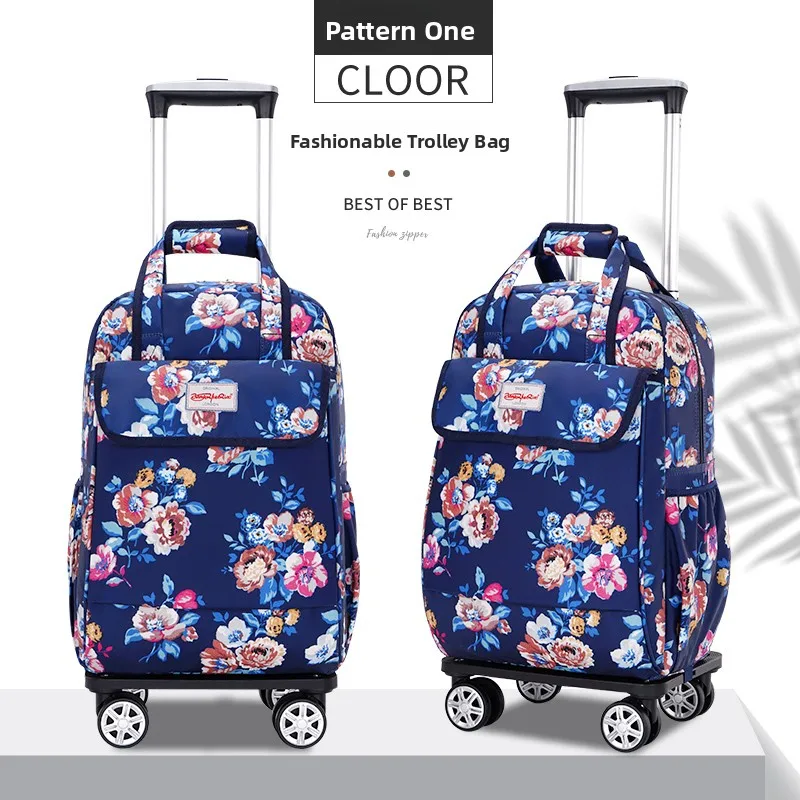 women's-canvas-print-luggage-bag-portable-lightweight-travel-backpack-with-pull-rod-14-inch-18-inch-foldable-polyester
